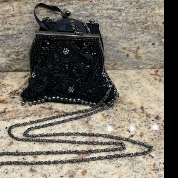 Mini-Purse: Black and Silver Beads, Black Sequins, & Gunmetal Gray Chain Strap - Picture 1 of 15